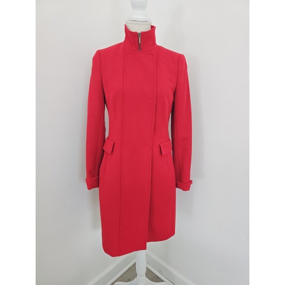 Akris Punto Red Wool Stand Up Collar Zip Knee Length Winter Coat Small 6 S